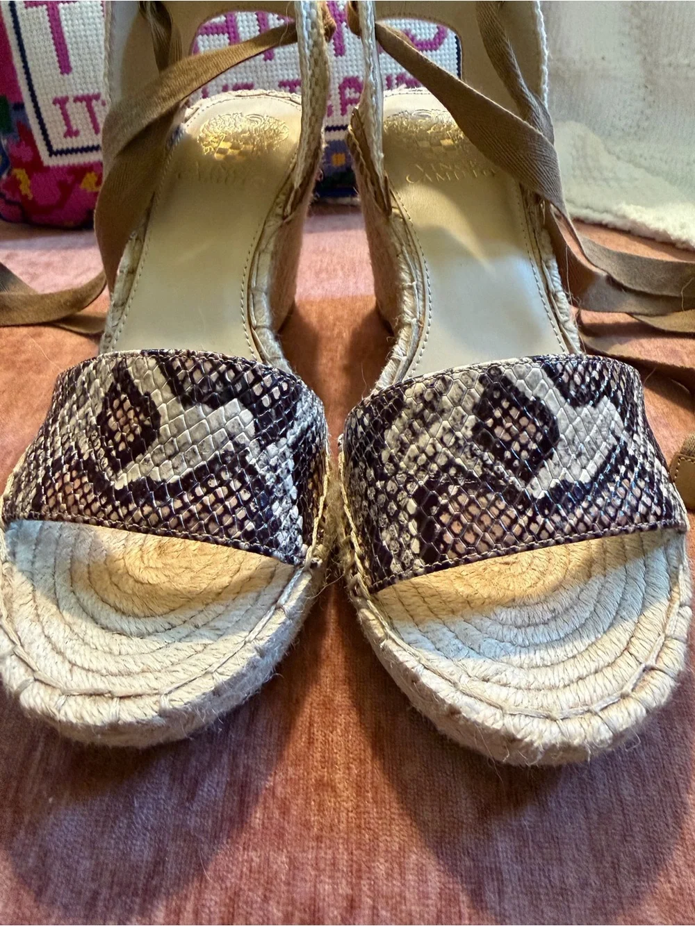 Vince Camuto “Levernta” Tan Espadrille Wedges with Neutral Snake Print 8.5